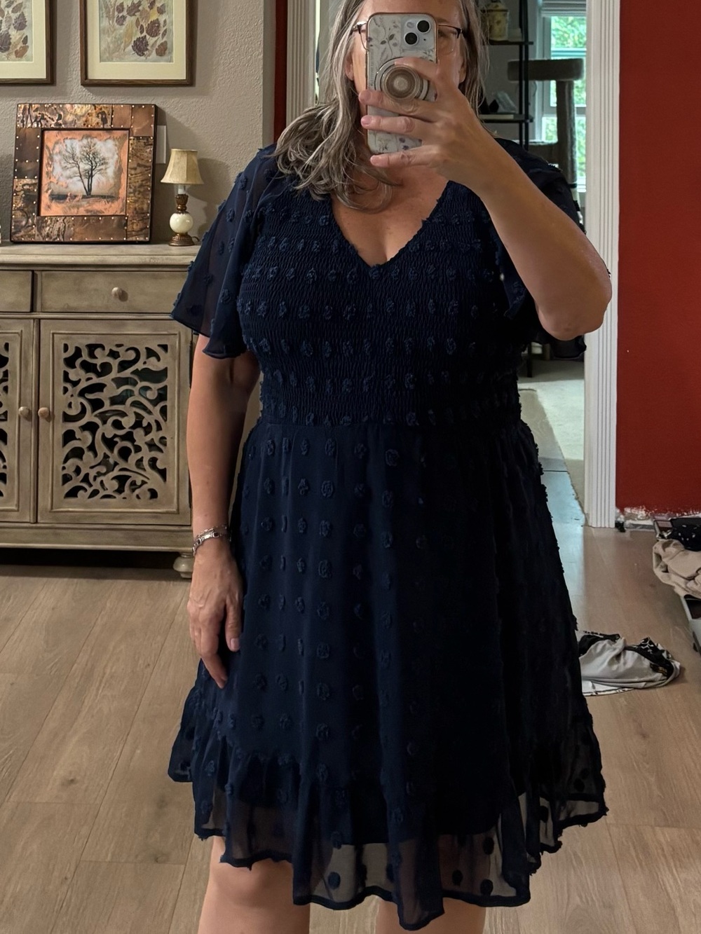 Navy V-Neck Textured Flutter-Sleeve Dress